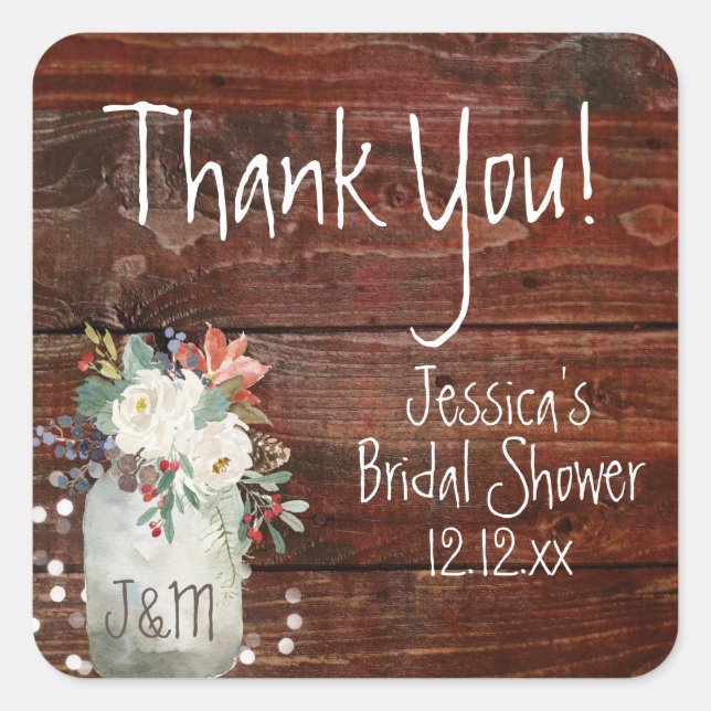 Rustic Winter Mason Jar Holiday Lights Thank You Square Sticker (Front)