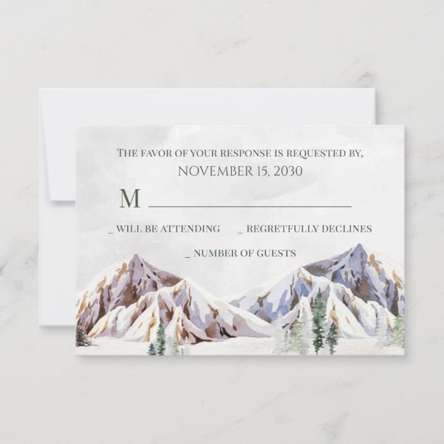 Rustic Winter Mountain Forest Wedding RSVP Card (Front)