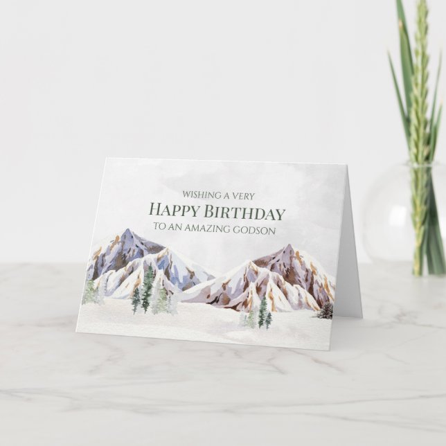 Rustic Winter Mountain Happy Birthday Godson Card (Front)