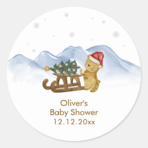 Rustic Winter Mountain Sleigh Bear Baby Shower  Classic Round Sticker