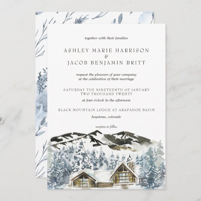 Rustic Winter Mountain Wedding Invitation (Front/Back)