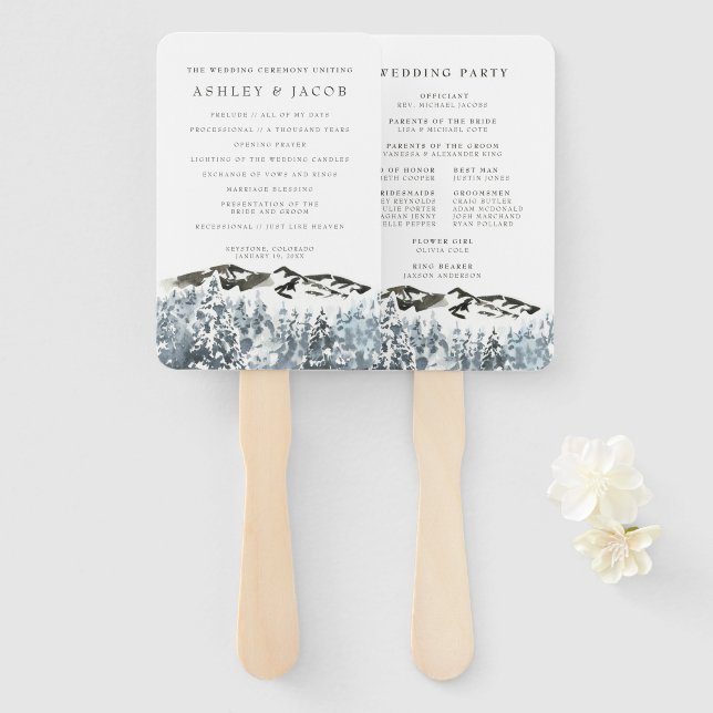 Rustic Winter Mountain Wedding Program Hand Fan (Front and Back)