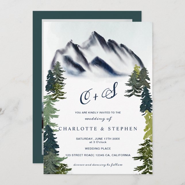 Rustic winter mountains forest photo wedding invitation (Front/Back)