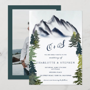 Rustic winter mountains forest photo wedding invitation