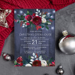Rustic Winter Navy Red Floral Christmas Open House Invitation<br><div class="desc">Elegant winter watercolor Christmas corporate open house invitation template featuring red burgundy and white peony roses bouquets with seasonal pine green fir branches, red berries and foliage over a dark midnight navy blue barn wood background with string lights. Personalize it with your details! The invitation is suitable for winter holidays...</div>