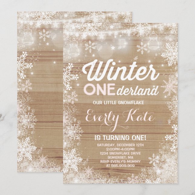 Rustic Winter ONE derland Invitation d'anniversair (Devant / Derrière)