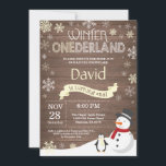 Rustic Winter Onederland 1st Birthday Invitation<br><div class="desc">Rustic Winter Onederland 1st Birthday Invitation. Snowman and Penguin. Yellow and White Snowflake. First Birthday. Boy or Girl 1st Bday Invite. Rustic Wood Background. Black and White. For further customization,  please click the "Customize it" button and use our design tool to modify this template.</div>