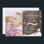 Rustic Winter Onederland 1st Birthday Invitation<br><div class="desc">Rustic Winter Onederland 1st Birthday Invitation with custom photo. Snowman and Penguin. Pink and White Snowflake. First Birthday. Girl 1st Bday Invite. Rustic Wood Background. For further customization,  please click the "Customize it" button and use our design tool to modify this template.</div>