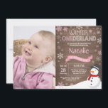 Rustic Winter Onederland 1st Birthday Invitation<br><div class="desc">Rustic Winter Onederland Snowman 1st Birthday Invitation with custom photo. Baby Girl. Pink and White Snowflake. First Birthday. Girl 1st Bday Invite. Rustic Wood Background. For further customization,  please click the "Customize it" button and use our design tool to modify this template.</div>