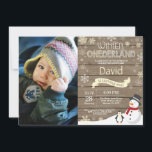 Rustic Winter Onederland 1st Birthday Invitation<br><div class="desc">Rustic Winter Onederland 1st Birthday Invitation with custom photo. Snowman and Penguin. Yellow and White Snowflake. First Birthday. Boy or Girl 1st Bday Invite. Rustic Wood Background. Black and White. For further customization, please click the "Customize it" button and use our design tool to modify this template.</div>