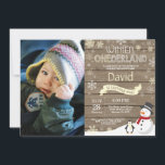 Rustic Winter Onederland 1st Birthday Invitation<br><div class="desc">Rustic Winter Onederland 1st Birthday Invitation with custom photo. Snowman and Penguin. Yellow and White Snowflake. First Birthday. Boy or Girl 1st Bday Invite. Rustic Wood Background. Black and White. For further customization,  please click the "Customize it" button and use our design tool to modify this template.</div>