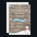 Rustic Winter Onederland 1st Birthday Invitation<br><div class="desc">Rustic Winter Onederland 1st Birthday Invitation. Snowman. Blue and White Snowflake. First Birthday. Boy 1st Bday Invite. Rustic Wood Background. Black and White. For further customization,  please click the "Customize it" button and use our design tool to modify this template.</div>