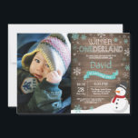 Rustic Winter Onederland 1st Birthday Invitation<br><div class="desc">Rustic Winter Onederland Snowman 1st Birthday Invitation with custom photo. Baby Boy or Girl. Aqua Teal Turquoise and White Snowflake. First Birthday. Boy or Girl 1st Bday Invite. Rustic Wood Background. For further customization, please click the "Customize it" button and use our design tool to modify this template. 㐰</div>