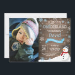 Rustic Winter Onederland 1st Birthday Invitation<br><div class="desc">Rustic Winter Onederland Snowman 1st Birthday Invitation with custom photo. Baby Boy. Blue and White Snowflake. First Birthday. Boy 1st Bday Invite. Rustic Wood Background. For further customization, please click the "Customize it" button and use our design tool to modify this template.</div>
