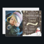 Rustic Winter Onederland 1st Birthday Invitation<br><div class="desc">Rustic Winter Onederland Snowman 1st Birthday Invitation with custom photo. Baby Boy or Girl. Yellow and White Snowflake. First Birthday. Boy or Girl 1st Bday Invite. Rustic Wood Background. For further customization,  please click the "Customize it" button and use our design tool to modify this template. 㐰</div>