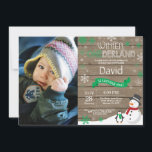 Rustic Winter Onederland 1st Birthday Invitation<br><div class="desc">Rustic Winter Onederland 1st Birthday Invitation with custom photo. Snowman and Penguin. Green and White Snowflake. First Birthday. Boy or Girl 1st Bday Invite. Rustic Wood Background. Black and White. For further customization, please click the "Customize it" button and use our design tool to modify this template.</div>