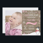 Rustic Winter Onederland 1st Birthday Invitation<br><div class="desc">Rustic Winter Onederland 1st Birthday Invitation with custom photo. Snowman. Pink and White Snowflake. First Birthday. Girl 1st Bday Invite. Rustic Wood Background. Black and White. For further customization,  please click the "Customize it" button and use our design tool to modify this template.</div>