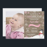 Rustic Winter Onederland 1st Birthday Invitation<br><div class="desc">Rustic Winter Onederland 1st Birthday Invitation with custom photo. Snowman. Pink and White Snowflake. First Birthday. Girl 1st Bday Invite. Rustic Wood Background. Black and White. For further customization, please click the "Customize it" button and use our design tool to modify this template.</div>
