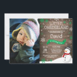 Rustic Winter Onederland 1st Birthday Invitation<br><div class="desc">Rustic Winter Onederland Snowman 1st Birthday Invitation with custom photo. Baby Boy or Girl. Green and White Snowflake. First Birthday. Boy or Girl 1st Bday Invite. Rustic Wood Background. For further customization, please click the "Customize it" button and use our design tool to modify this template. 㐰</div>