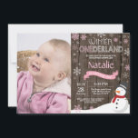 Rustic Winter Onederland 1st Birthday Invitation<br><div class="desc">Rustic Winter Onederland Snowman 1st Birthday Invitation with custom photo. Baby Girl. Pink and White Snowflake. First Birthday. Girl 1st Bday Invite. Rustic Wood Background. For further customization,  please click the "Customize it" button and use our design tool to modify this template.</div>