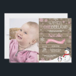 Rustic Winter Onederland 1st Birthday Invitation<br><div class="desc">Rustic Winter Onederland 1st Birthday Invitation with custom photo. Snowman and Penguin. Pink and White Snowflake. First Birthday. Girl 1st Bday Invite. Rustic Wood Background. For further customization,  please click the "Customize it" button and use our design tool to modify this template.</div>