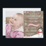 Rustic Winter Onederland 1st Birthday Invitation<br><div class="desc">Rustic Winter Onederland Snowman 1st Birthday Invitation with custom photo. Baby Girl. Pink and White Snowflake. First Birthday. Girl 1st Bday Invite. Rustic Wood Background. For further customization, please click the "Customize it" button and use our design tool to modify this template.</div>