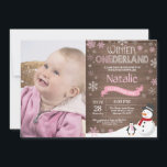 Rustic Winter Onederland 1st Birthday Invitation<br><div class="desc">Rustic Winter Onederland 1st Birthday Invitation with custom photo. Snowman and Penguin. Pink and White Snowflake. First Birthday. Girl 1st Bday Invite. Rustic Wood Background. For further customization,  please click the "Customize it" button and use our design tool to modify this template.</div>