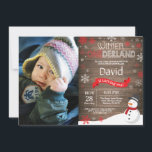 Rustic Winter Onederland 1st Birthday Invitation<br><div class="desc">Rustic Winter Onederland 1st Birthday Invitation with custom photo. Snowman. Red and White Snowflake. First Birthday. Boy or Girl 1st Bday Invite. Rustic Wood Background. For further customization, please click the "Customize it" button and use our design tool to modify this template.</div>