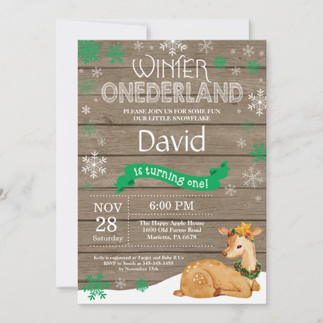 Rustic Winter Onederland Deer 1st Birthday Invitation (Front)