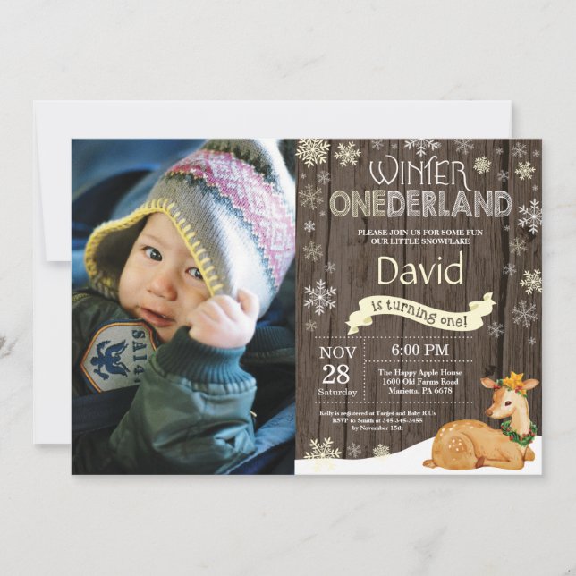 Rustic Winter Onederland Deer 1st Birthday Invitation (Front)