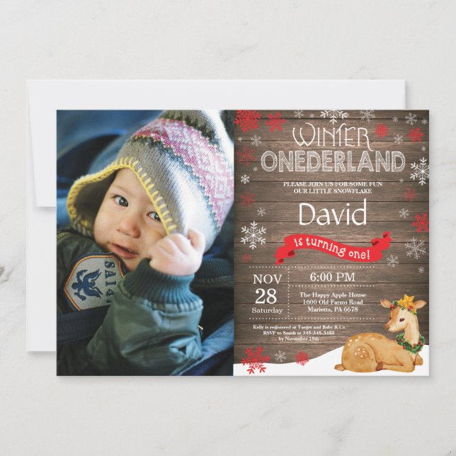 Rustic Winter Onederland Deer 1st Birthday Invitation (Front)