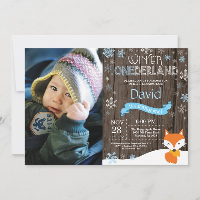 Rustic Winter Onederland Fox 1st Birthday Invitation (Front)