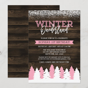 Rustic Winter Onederland Pink 1st Birthday Invite