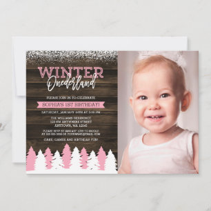 Rustic Winter Onederland Pink 1st Birthday Photo Invitation