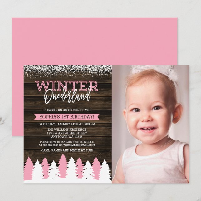Rustic Winter Onederland Pink 1st Birthday Photo Invitation (Front/Back)