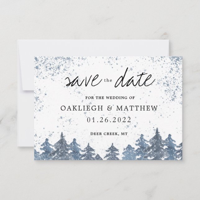 Rustic Winter Pale Blue Forest Save the Date (Front)