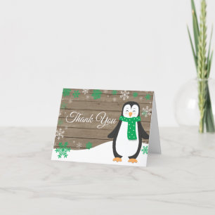 Rustic Winter Penguin Green Snowflake Thank You Card