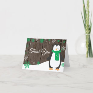 Rustic Winter Penguin Green Snowflake Thank You Card