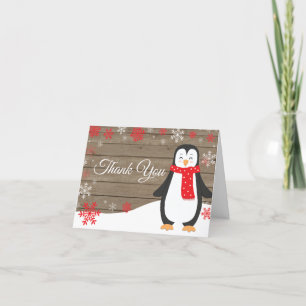 Rustic Winter Penguin Red Snowflake Thank You Card