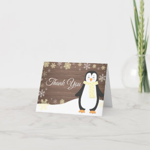 Rustic Winter Penguin Snowflake Yellow Thank You Card