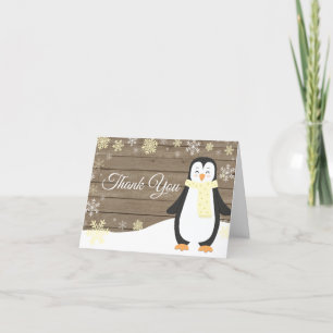 Rustic Winter Penguin Snowflake Yellow Thank You Card