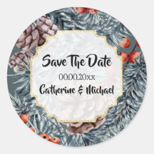 Rustic winter pine cone berry forest save date