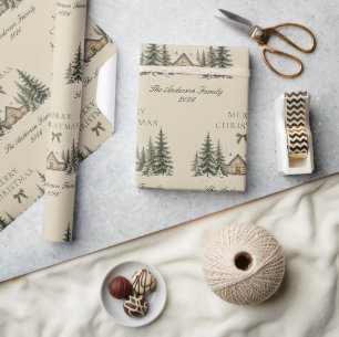 Rustic Winter Pine Cottage Beige Merry Christmas Wrapping Paper