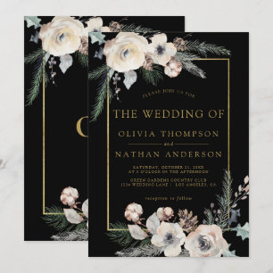 Rustic Winter Pine Floral Black Gold Frame Wedding Invitation