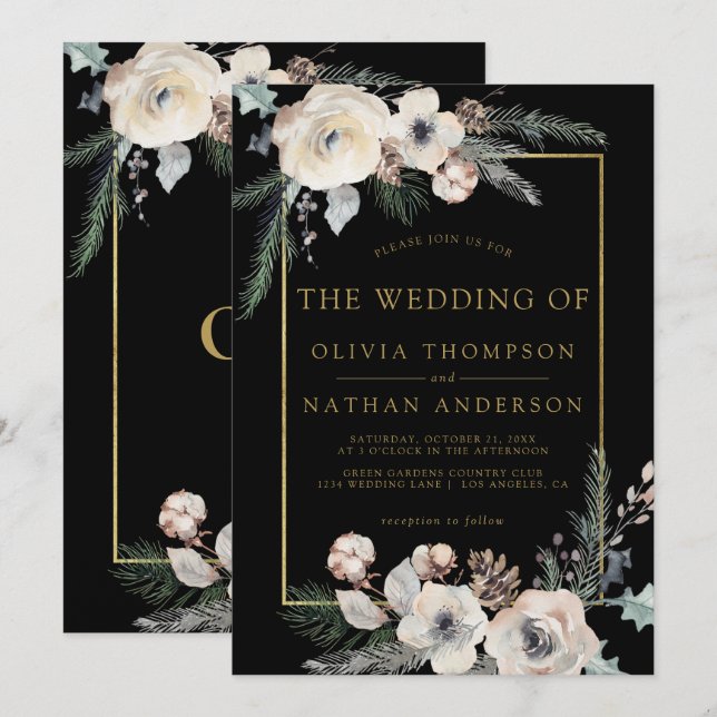 Rustic Winter Pine Floral Black Gold Frame Wedding Invitation (Front/Back)