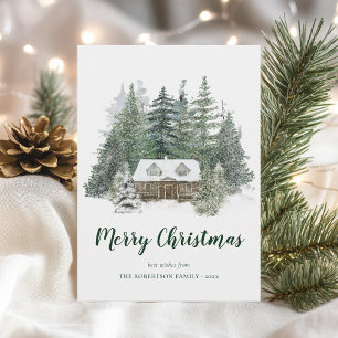 Rustic Winter Pine Forest Cabin Christmas Holiday Card