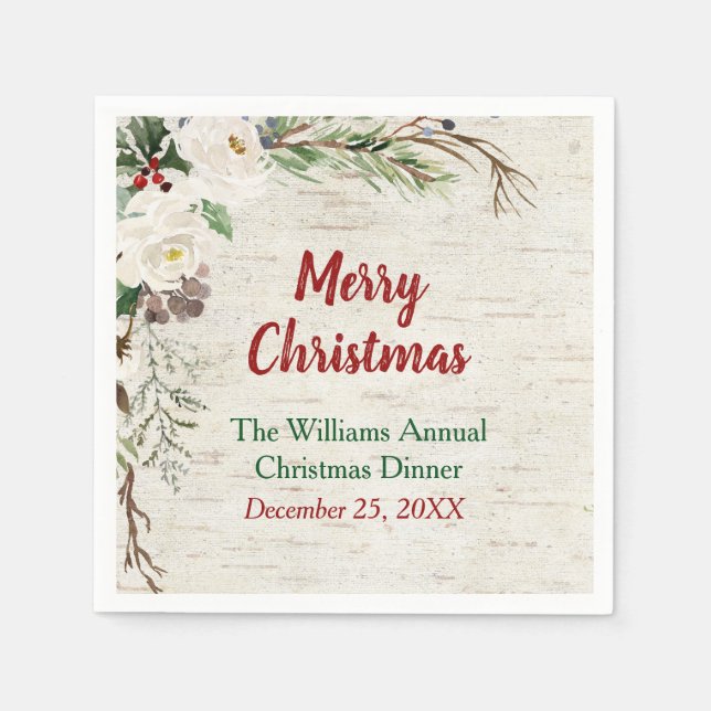Rustic Winter Pine Greenery Birch Merry Christmas Napkin (Front)