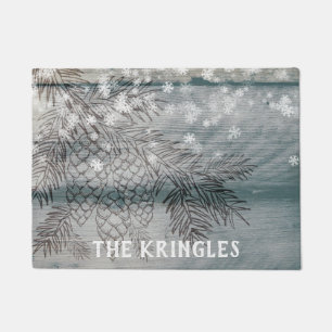 Rustic Winter Pine Tree Branches Snowflakes Name Doormat