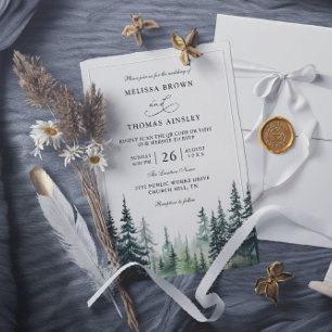 Rustic winter pine trees Budget QR Code Wedding Invitation