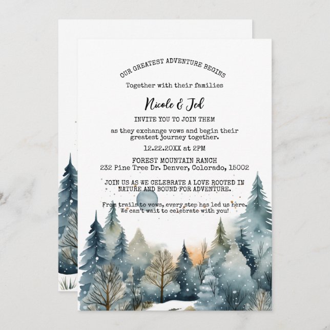 Rustic Winter Pine Trees Snow Outdoorsy Wedding  Invitation (Front/Back)